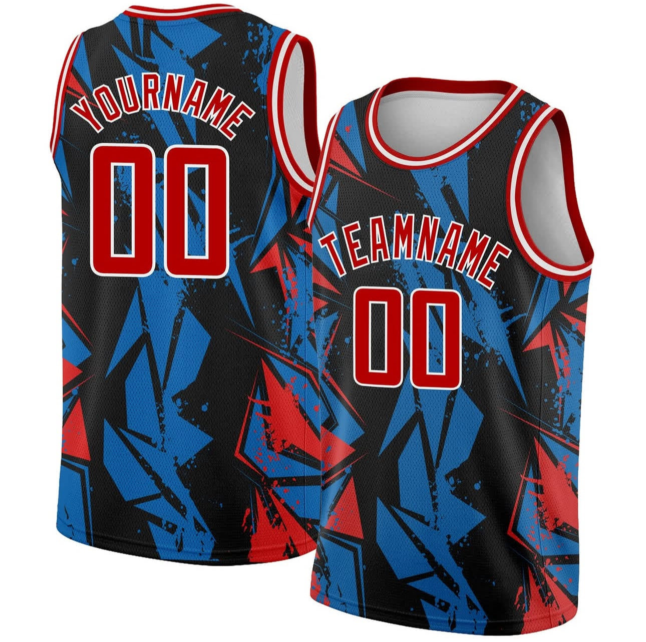 Black basketball jersey with red and blue geometric graphics