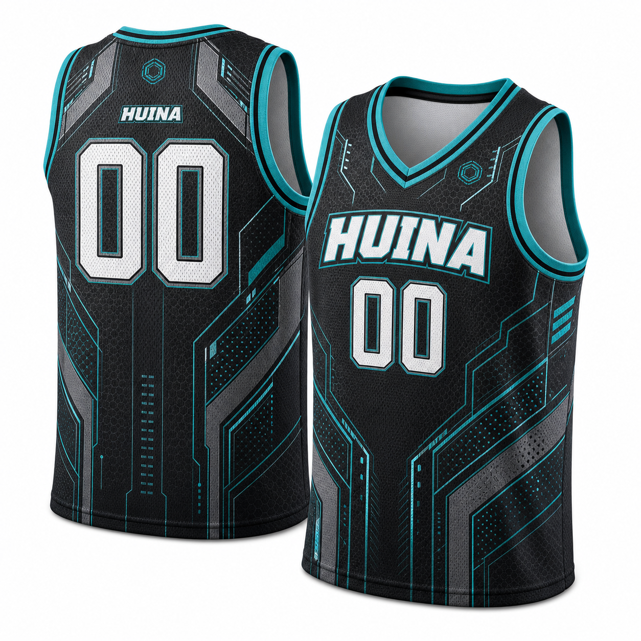 Black and cyan technical HUINA basketball jersey front and back