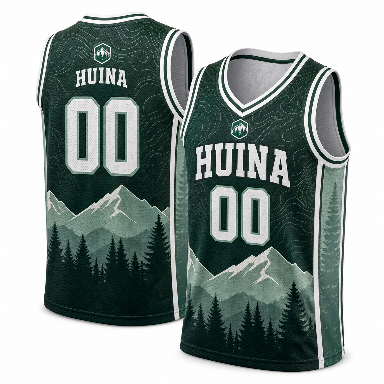 Forest green HUINA basketball jersey with mountain artwork