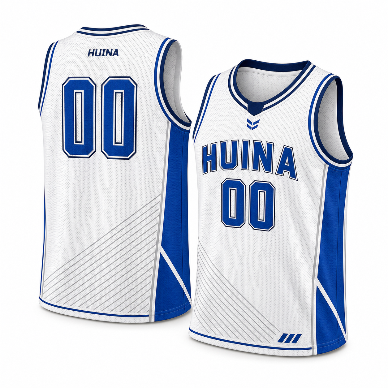 White and blue HUINA basketball jersey front and back