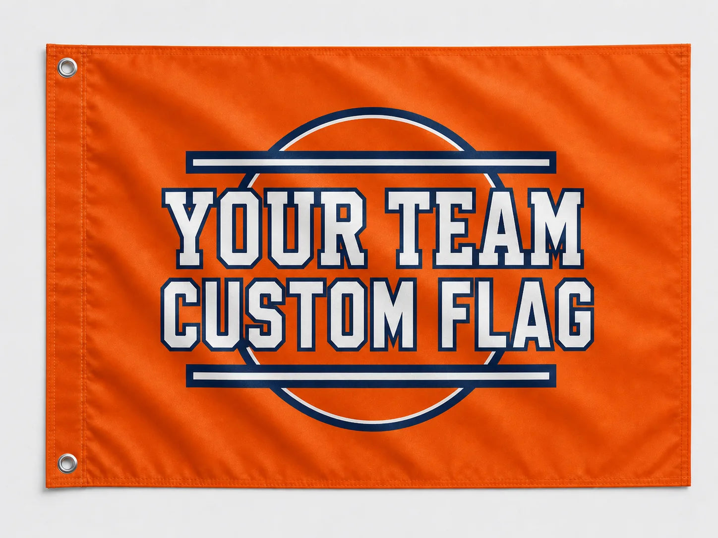 Orange custom team flag example with two metal grommets on the left edge