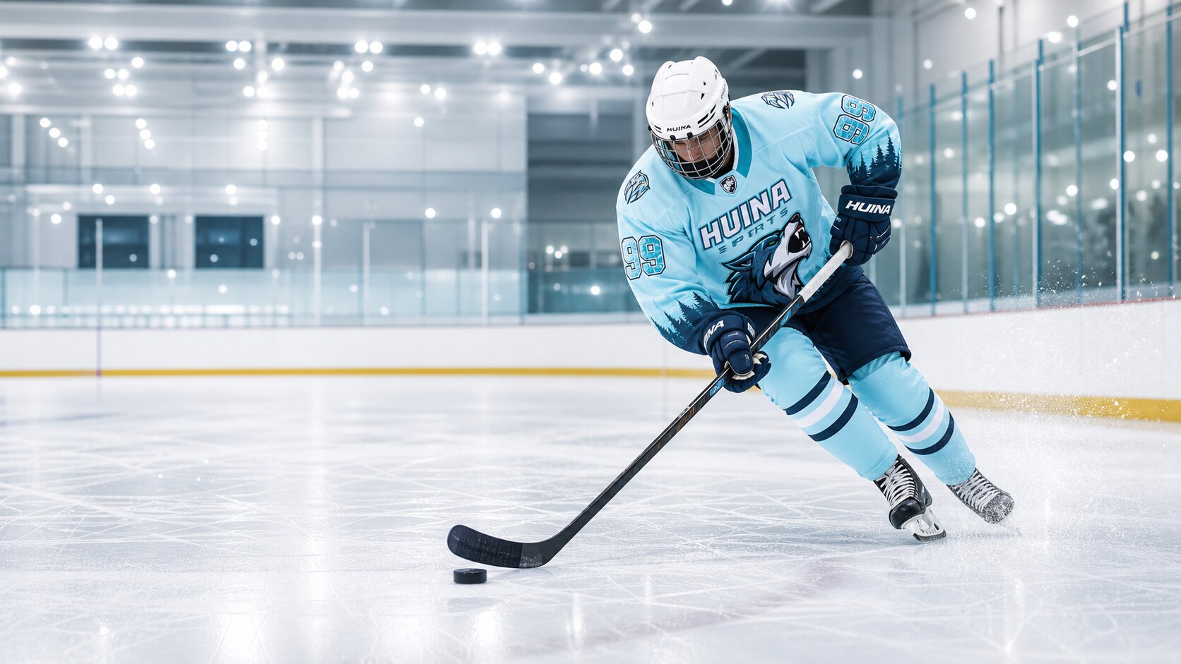 Generic hockey player in a HUINA custom team uniform skating on an indoor ice rink