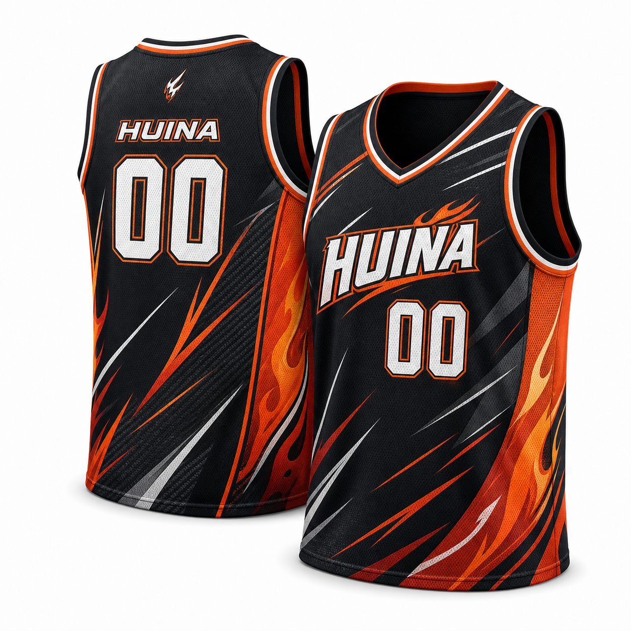 Black and orange HUINA basketball jersey front and back
