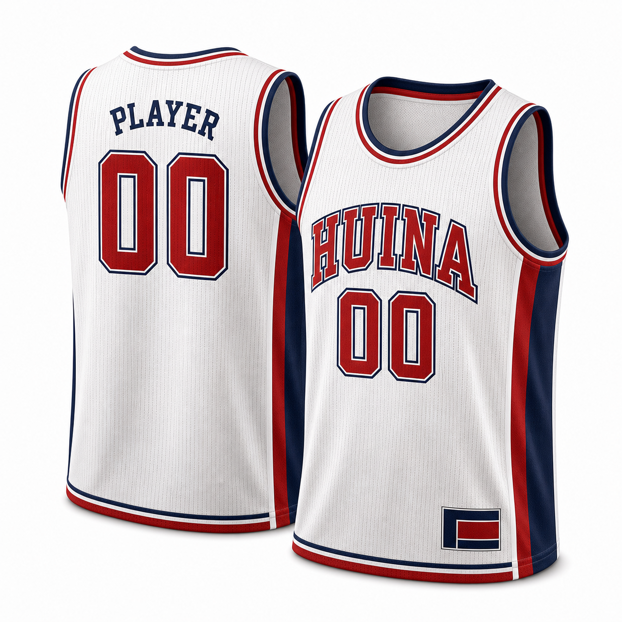 Classic white HUINA basketball jersey with red and navy trim