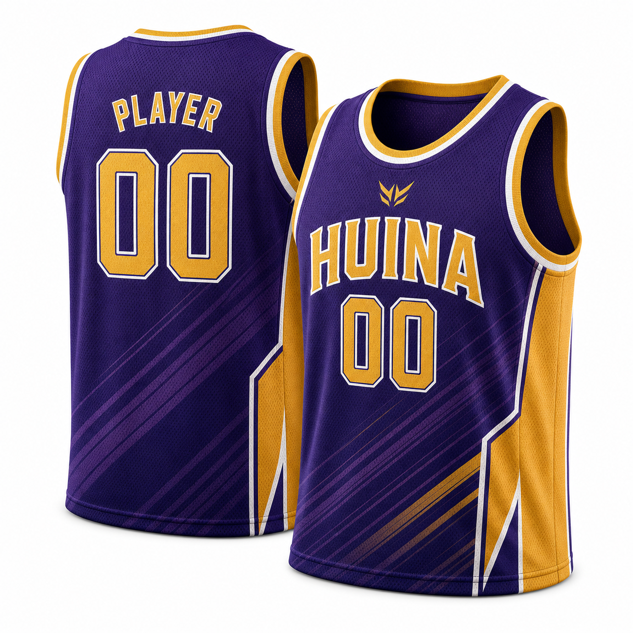 Purple and gold HUINA basketball jersey front and back