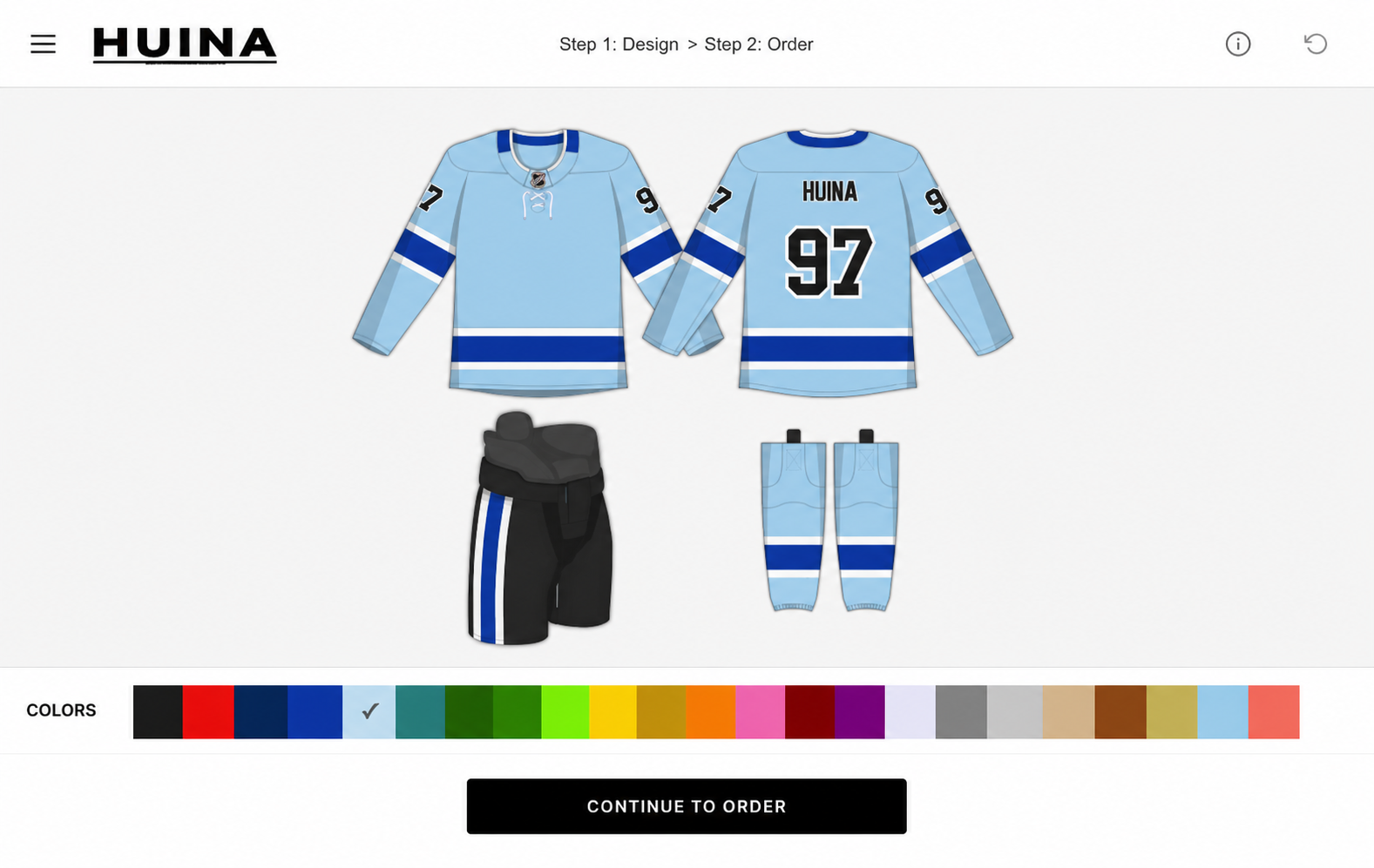Clean HUINA customizer interface with hockey uniform preview and continue to order button