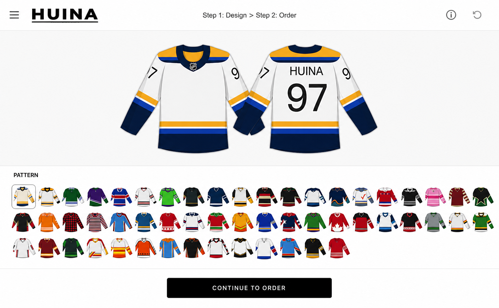 HUINA customizer pattern selection interface for designing a hockey jersey before order