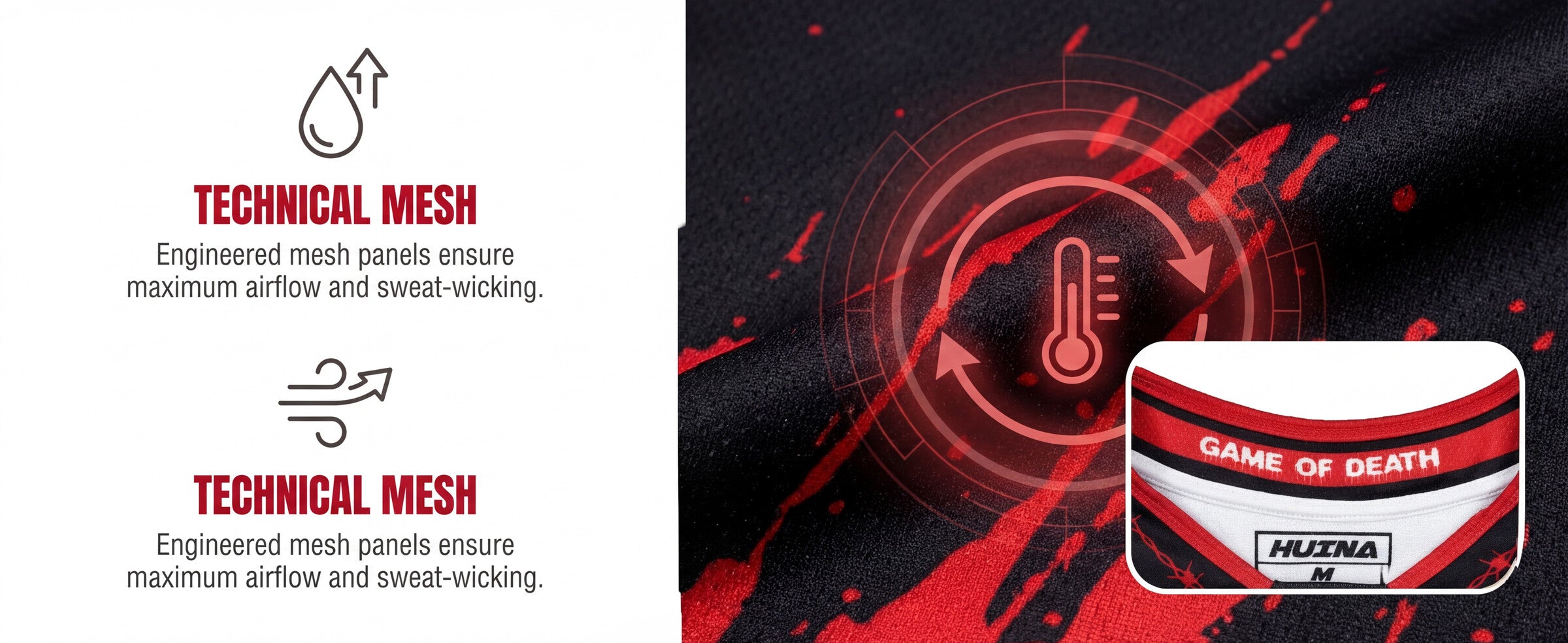 HUINA technical mesh airflow and sweat-wicking hockey jersey detail