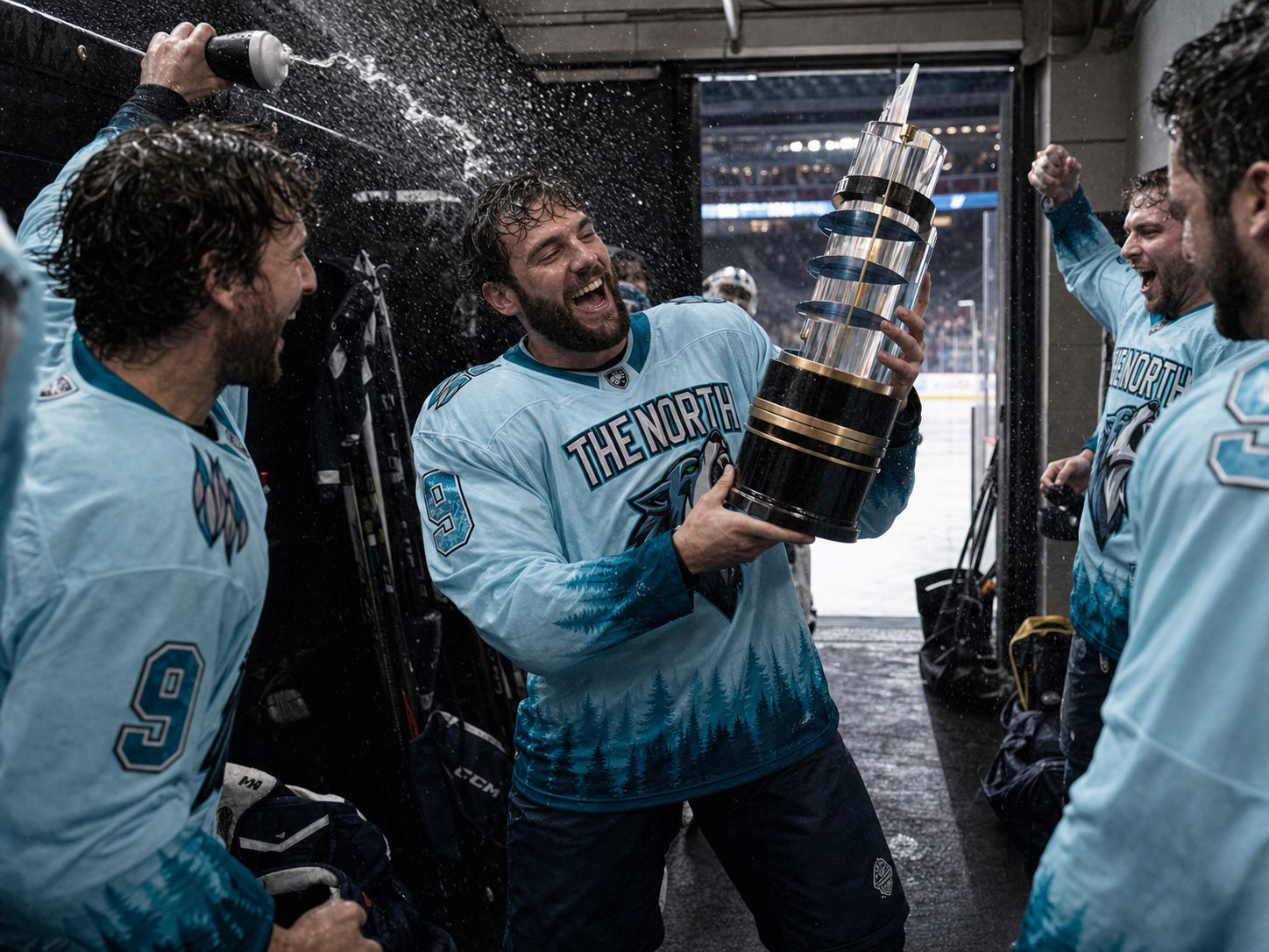 Hockey team celebration in light blue custom jerseys