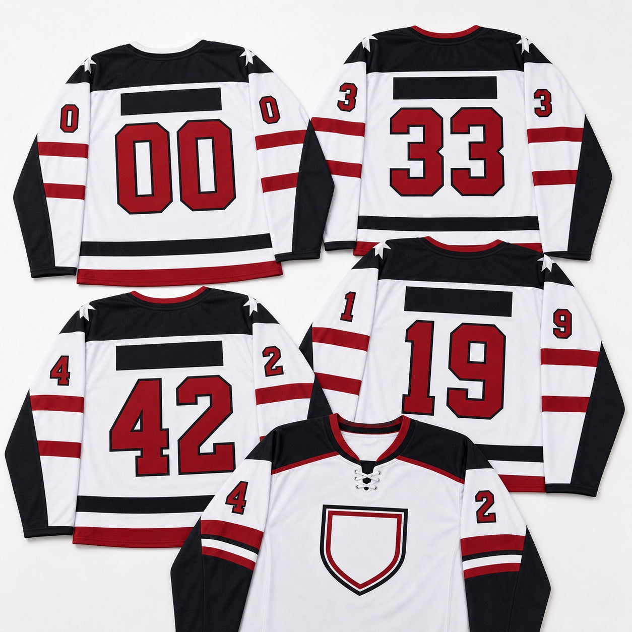 Custom hockey jerseys with roster numbers laid out for order review