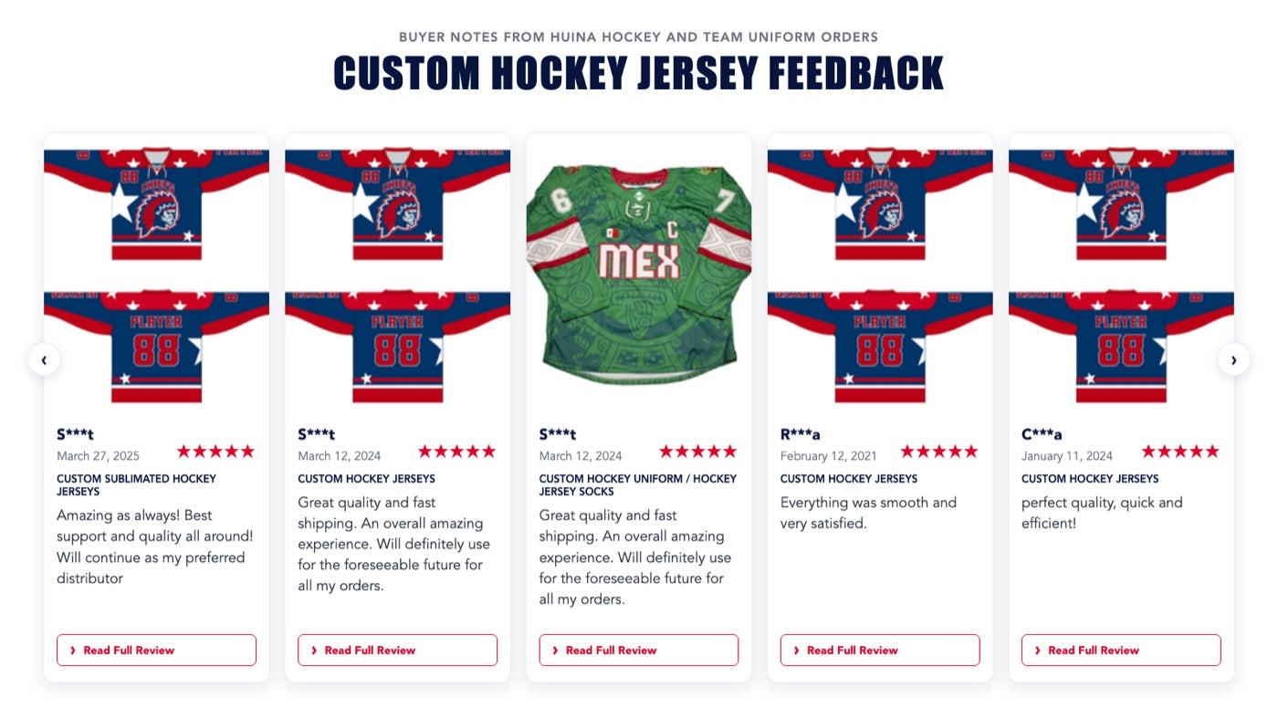 HUINA custom hockey jersey customer feedback wall with masked buyer names and product images
