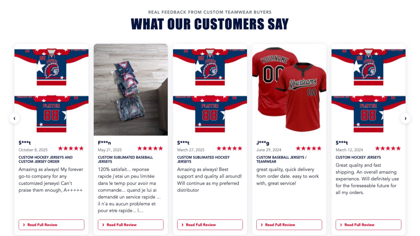 HUINA custom teamwear customer feedback wall with buyer photos and review snippets