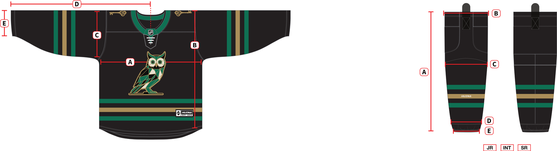 HUINA hockey jersey and hockey socks measurement reference marked A through E