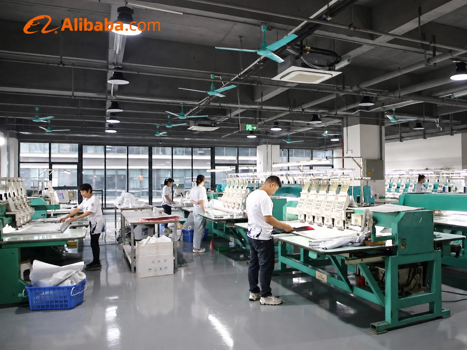 Multi-head embroidery machines operating inside the HUINA factory